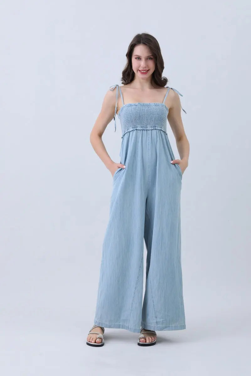 Light Blue Denim Jumpsuit – Smocked Top & Wide Legs - MeeeShop Women's Fashion