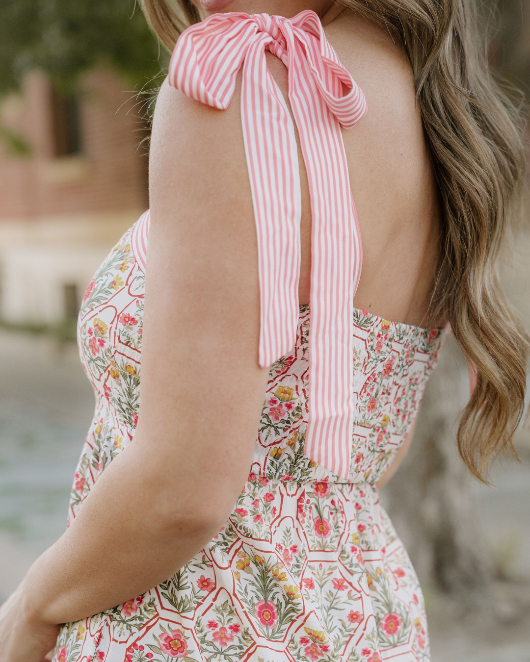 Lily Floral Print Striped Patchwork Detail Sleeveless Dress(runs Small ) in Green view 5 - Casual Office Outfit