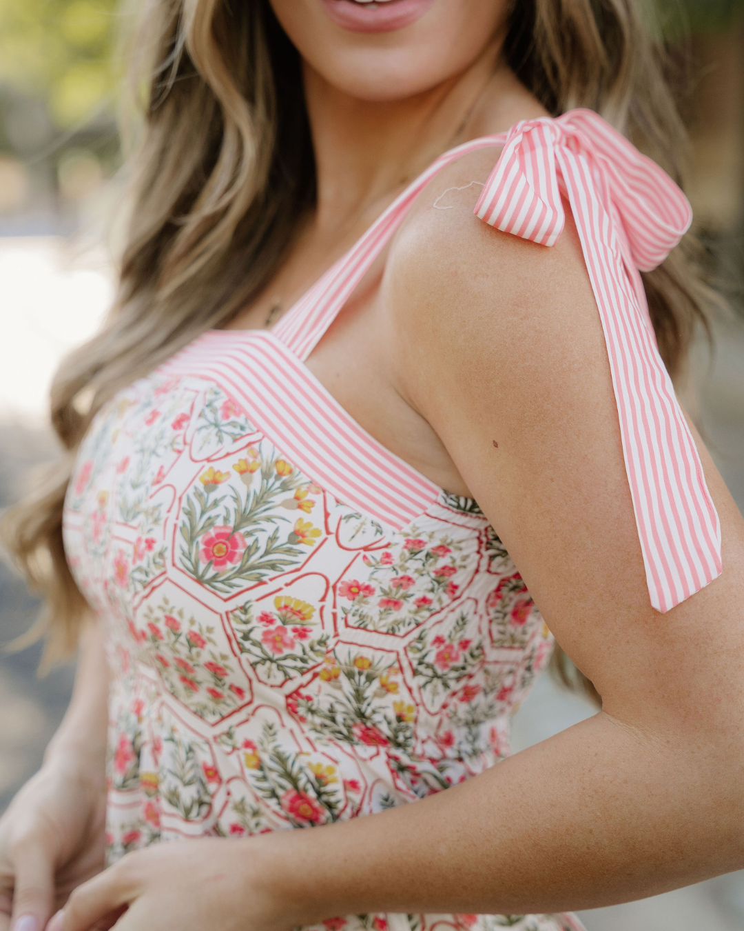 Lily Floral Print Striped Patchwork Detail Sleeveless Dress(runs Small ) in Green view 6 - Casual Office Outfit