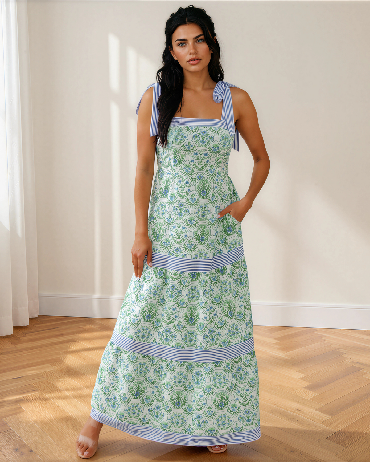 Lily Floral Print Striped Patchwork Detail Sleeveless Dress(runs Small ) view 9 - Casual Office Outfit - Lily Flowers Small