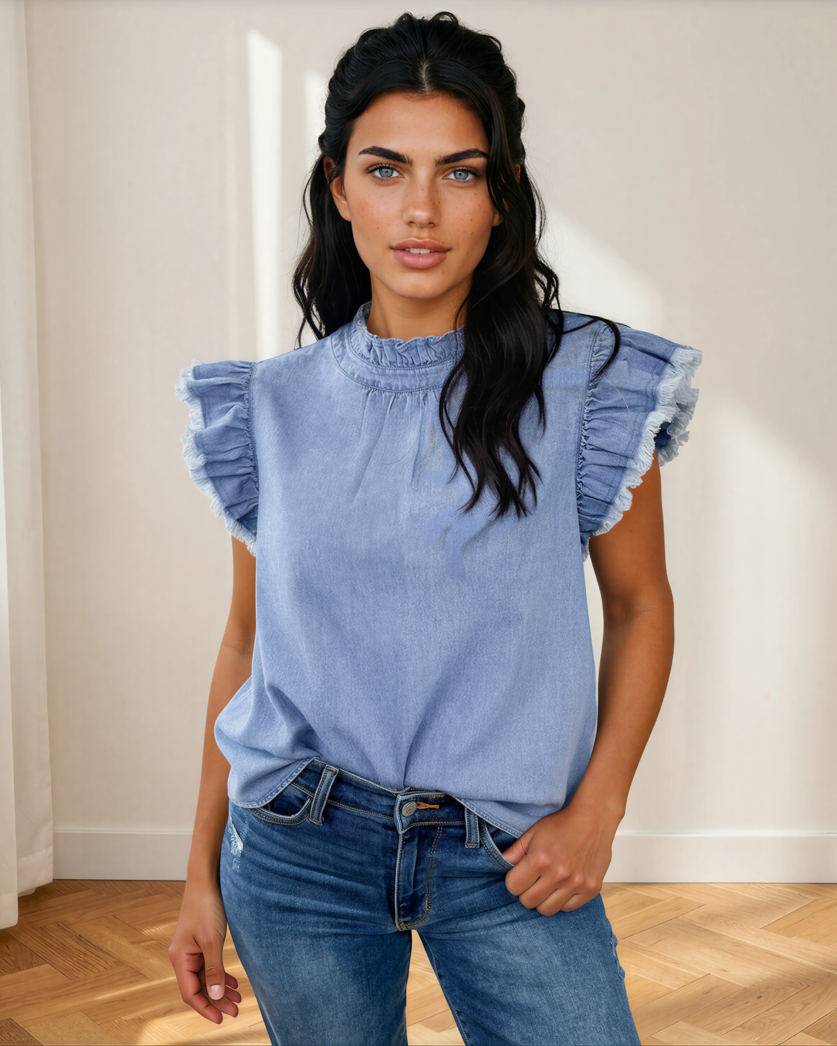 Logan Flutter Sleeve Denim Top in Beau Blue view 2 - Logan Fluff
