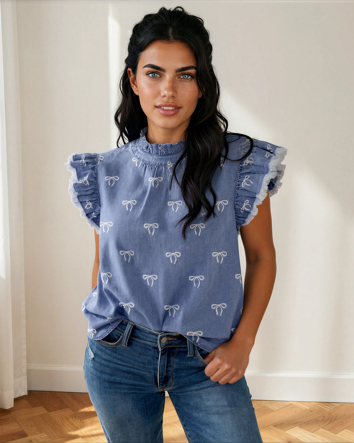 Logan Flutter Sleeve Denim Top in Beau Blue view 3 - Logan Fluff