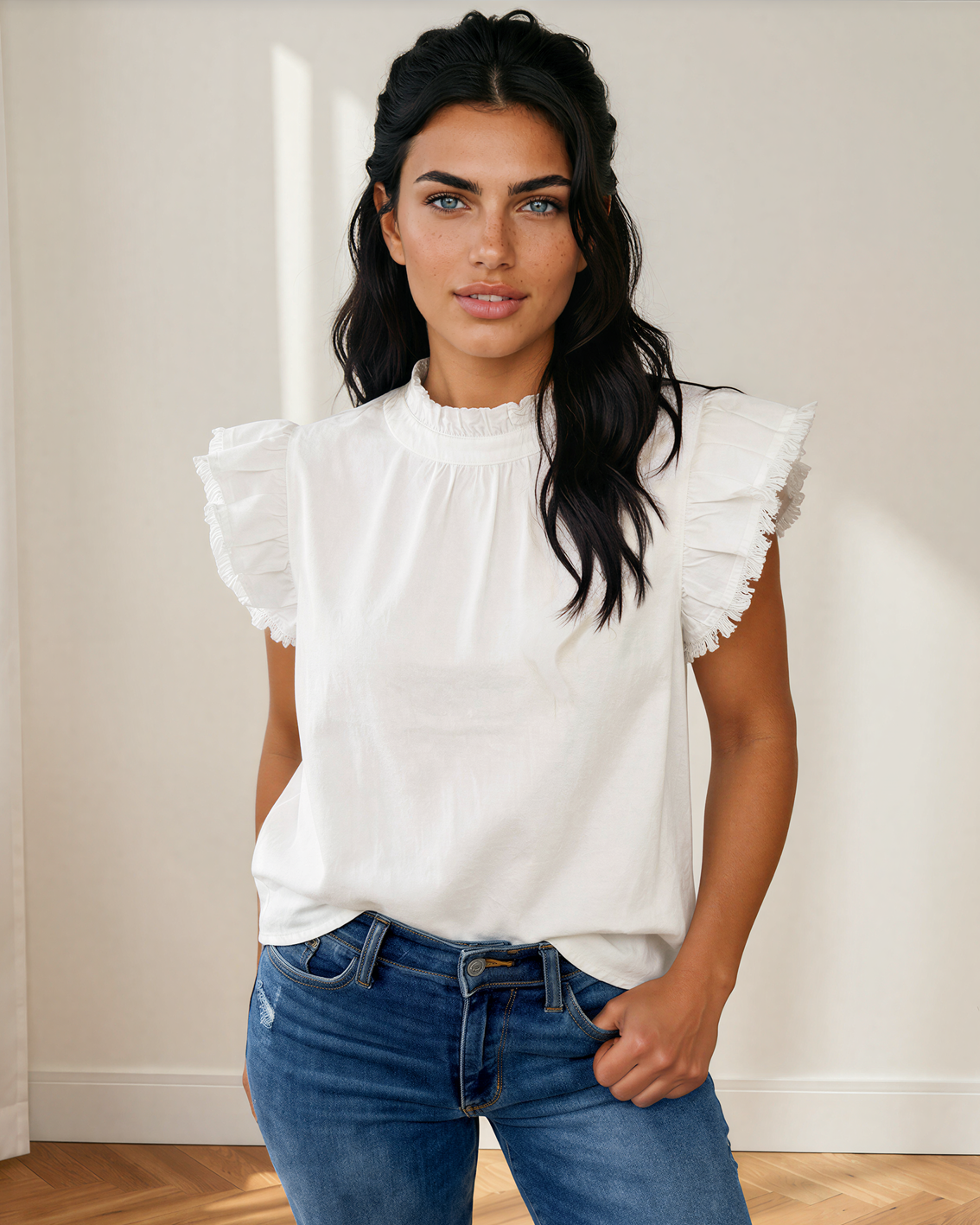 Logan Flutter Sleeve Denim Top in Beau Blue view 4 - Logan Fluff