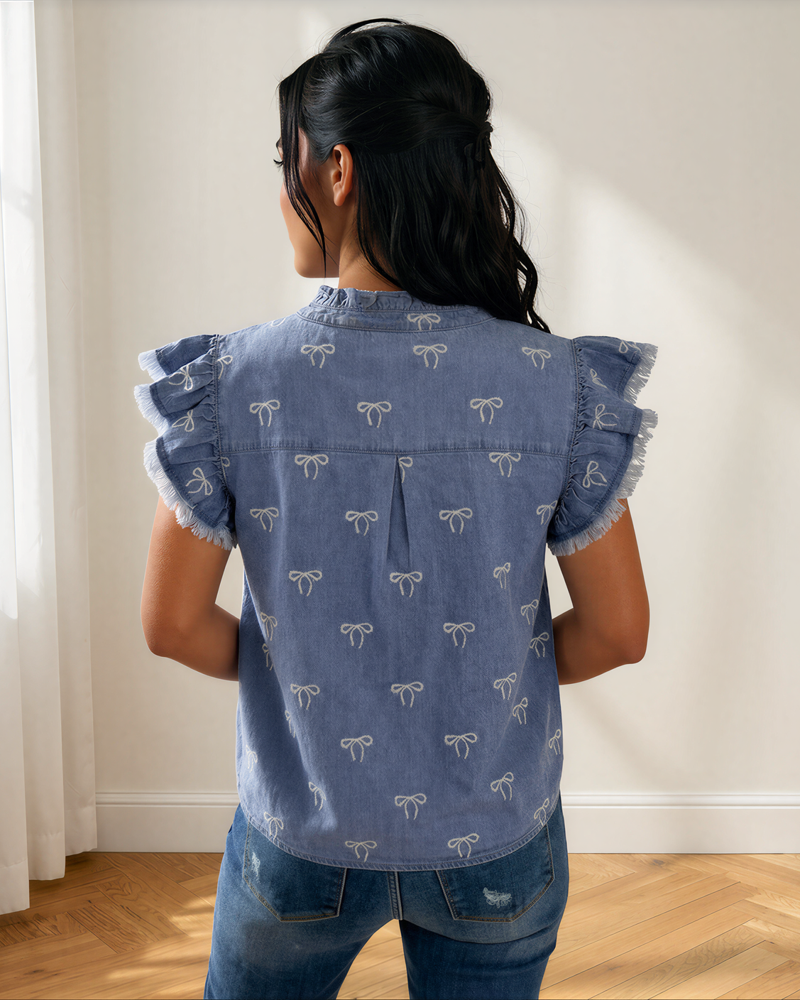 Logan Flutter Sleeve Denim Top in Blue view 5 - Logan Fluff