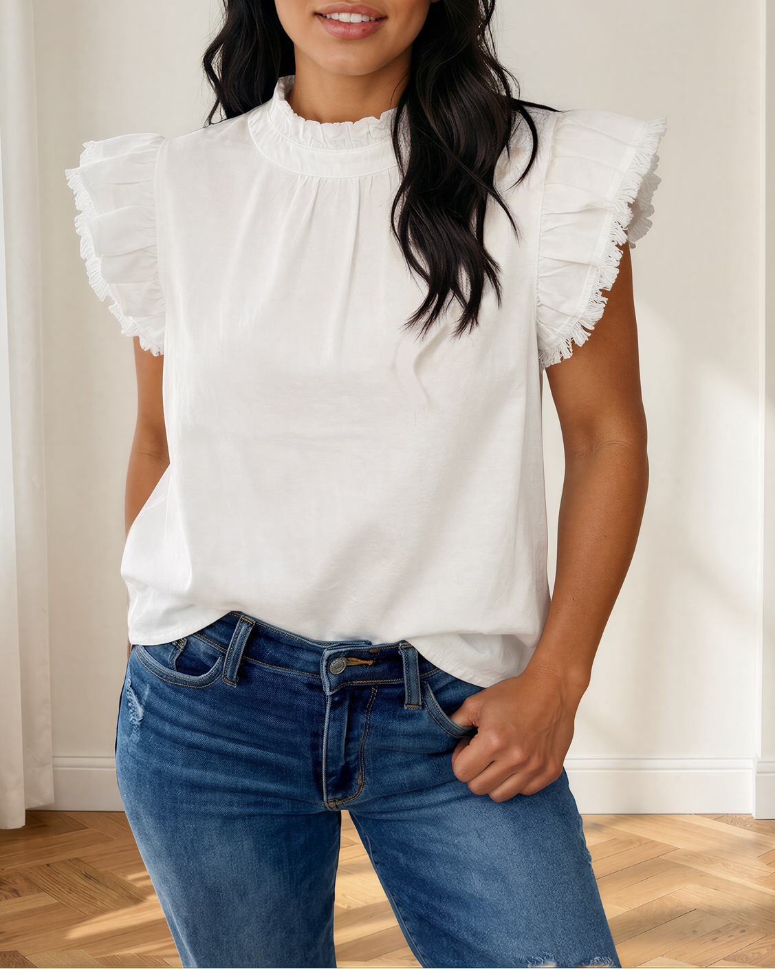 Logan Flutter Sleeve Denim Top in Blue view 6 - Logan Fluff