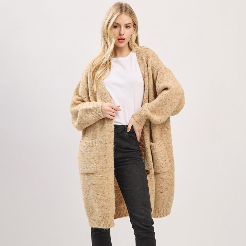 Long Button Front Soft Cozy Oversized Cardigan Top in Taupe view 4 - Relaxed Fit - Long Button Cardigan Womens