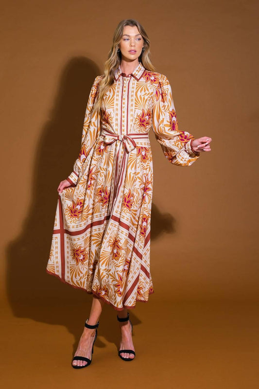 Love Espresso Woven Midi Dress in GREEN/CAMEL view 2 - Lov Brown Dress