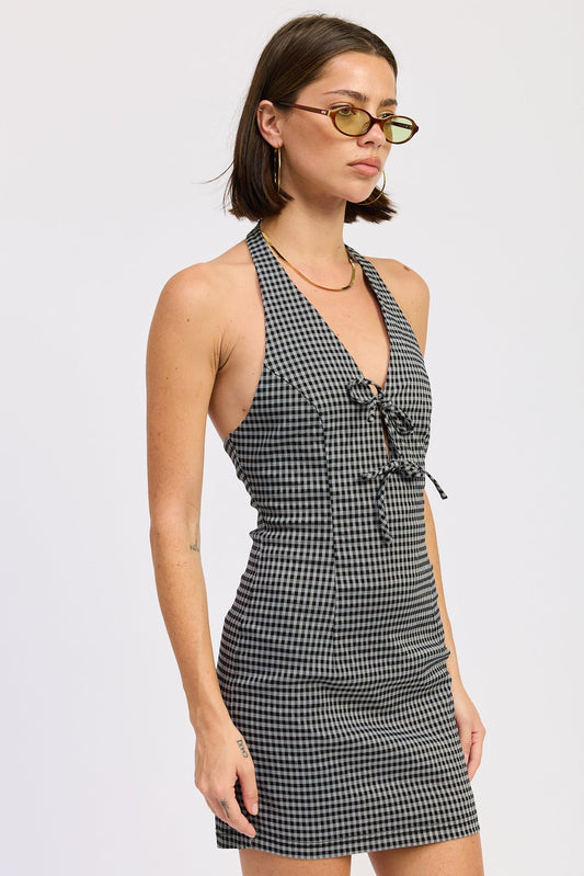 Lucienne Halter Mini Dress in Black Gingham view 2 - Lucine Ruched Silk Halter Dress