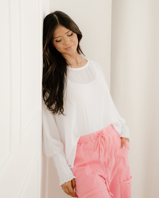 Marley Smocked Cuffs Semi Sheer Long Sleeve Dolman Blouse in White view 2 - Marley Pleated Smocked Mini Dress (top)