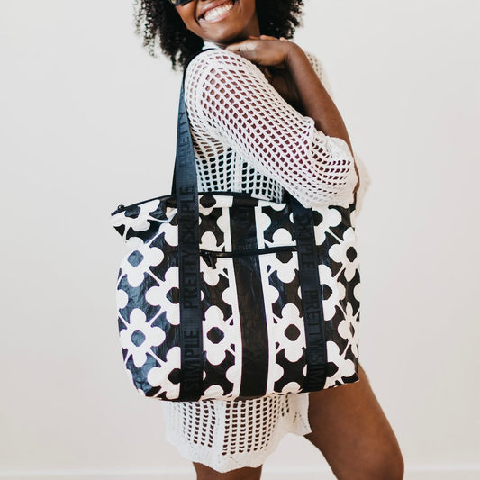 Medium Kona Cove Tyvek Splashproof Beach Zipper Tote in Clover Black/White view 2 - Summer Outfit Idea (bag)