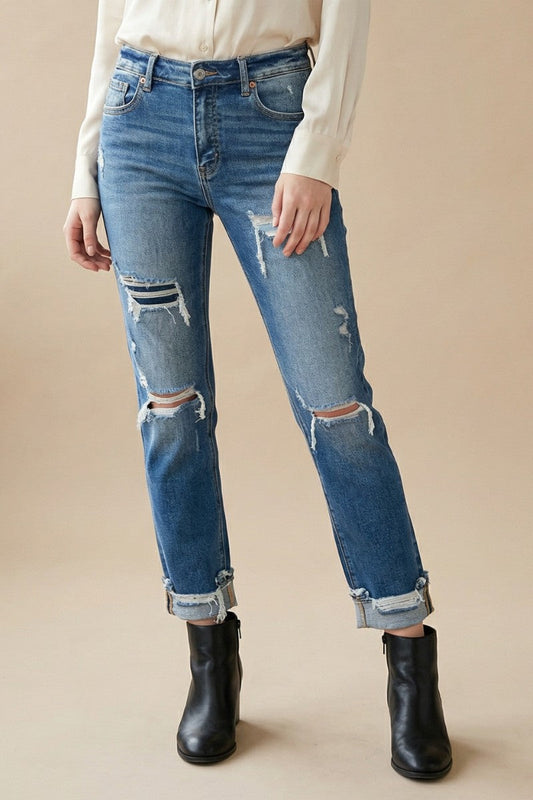 Mesh Tummy Control High Rise Straight W/ Single Cuff Jeans in 3 (25) view 2 - High-Waisted (bottom)