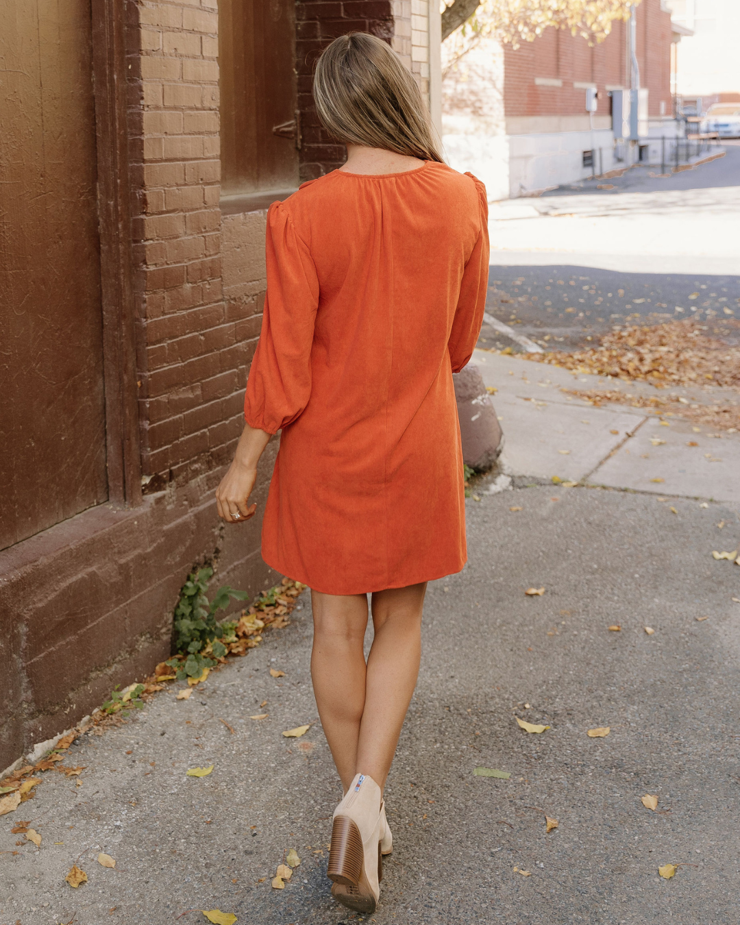 Micah Scallop Detail Pleated Corduroy Mini Dress in Cinnamon view 6