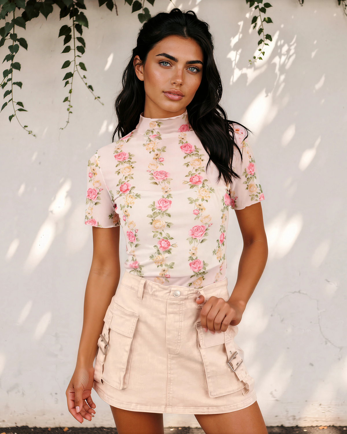 Millie Floral Print Mock Neck Short Sleeve Mesh Top in L view 3 - Milly Floral Top