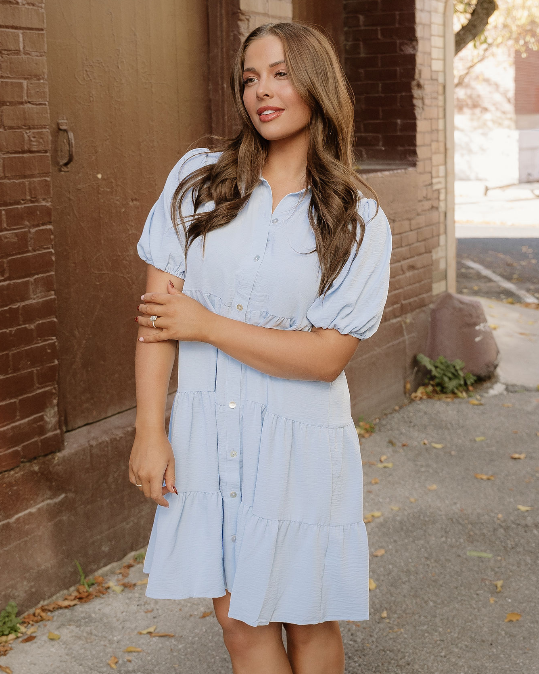 Mimi Button up Short Puff Sleeve Tiered Shift Dress in S - Mini Button Dress