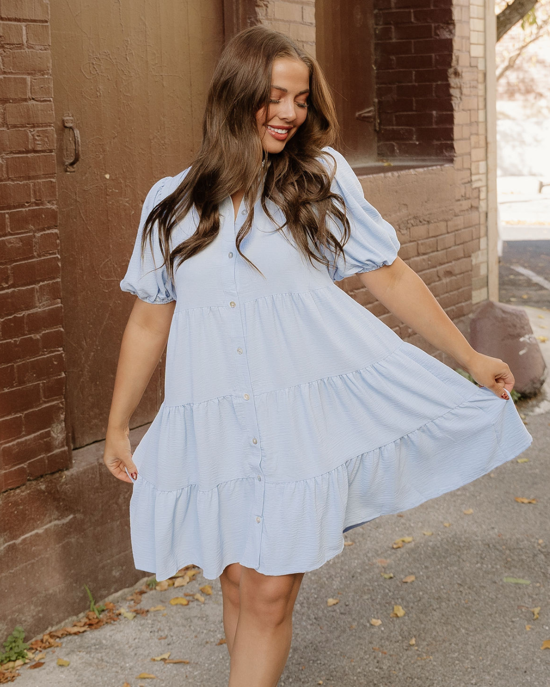 Mimi Button up Short Puff Sleeve Tiered Shift Dress in M view 2 - Mini Button Dress