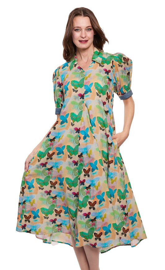 Montauk Dress Linen Cotton Neutral Butterfly Print in S view 2 - Dl1961 Montauk Linen Dress