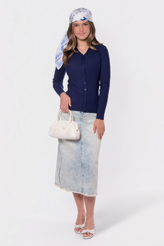 Moss Cardigan (navy) in S view 2 - Moss Navy Jacket (top)