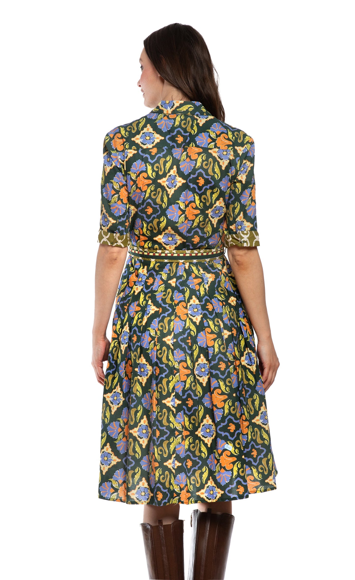 Mrs Maisel Green Rust Navy Ornate Print Dress in L view 4