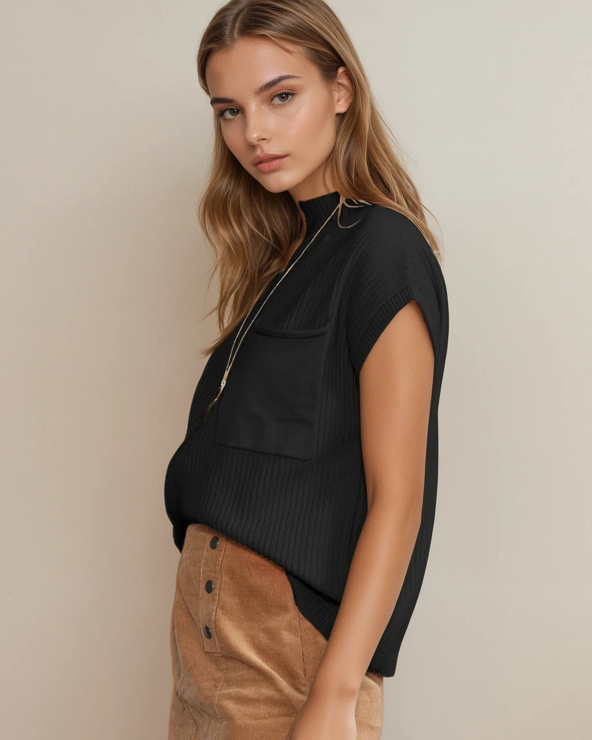 Mya Pocket Ribbed Knit Short Sleeve Sweater in Blackish Green view 20 - Fall Wardrobe Essential - Short Sweater