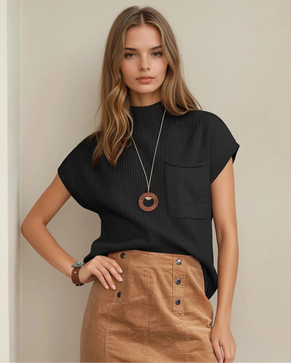 Mya Pocket Ribbed Knit Short Sleeve Sweater in Blackish Green view 21 - Fall Wardrobe Essential - Short Sweater