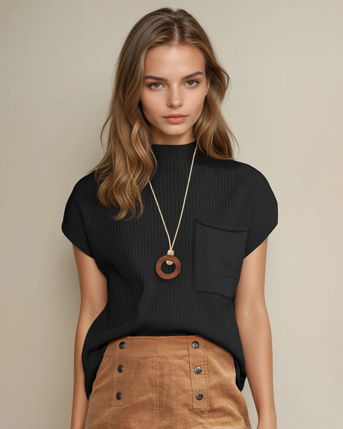 Mya Pocket Ribbed Knit Short Sleeve Sweater in Blackish Green view 22 - Fall Wardrobe Essential - Short Sweater