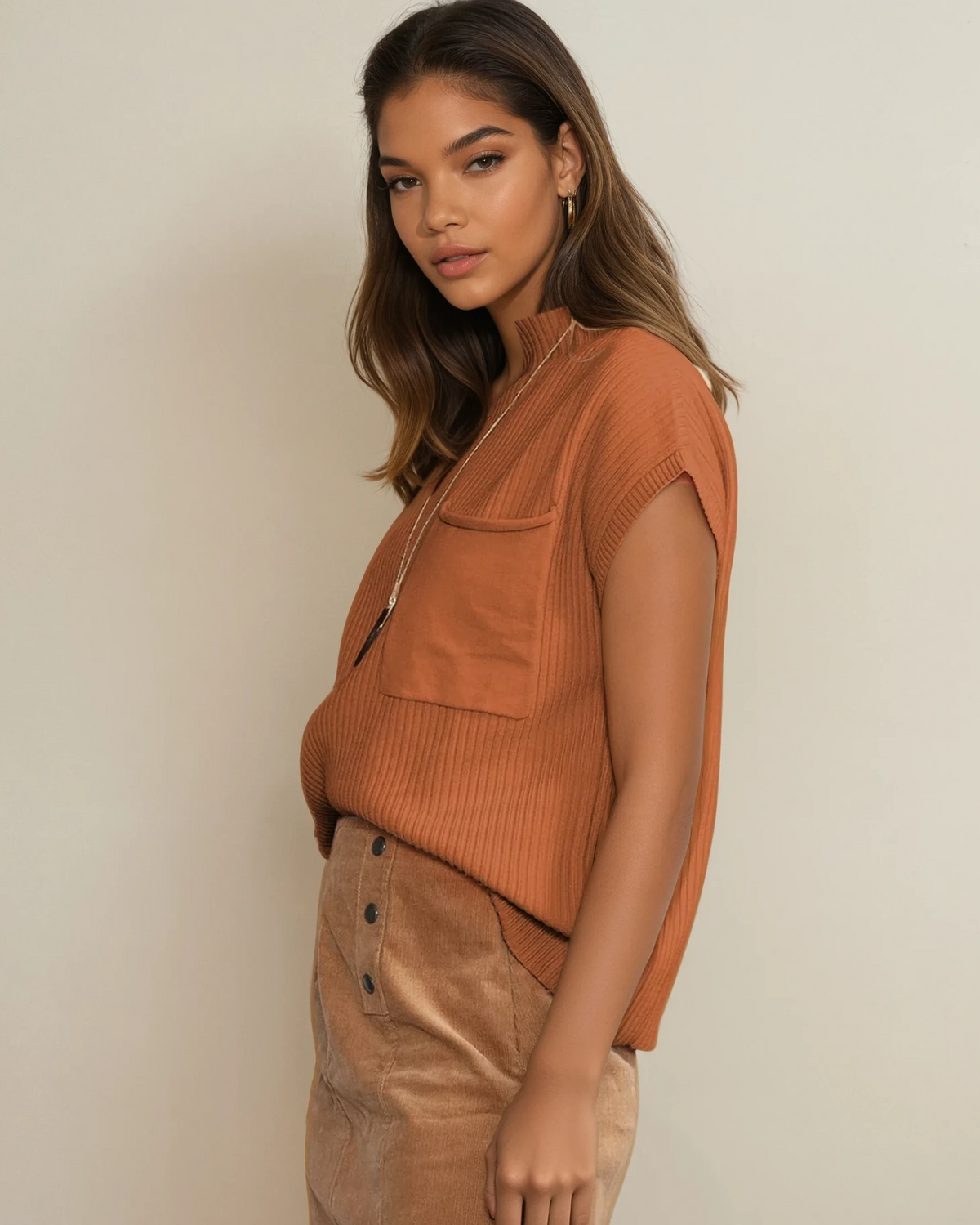 Mya Pocket Ribbed Knit Short Sleeve Sweater in Blackish Green view 23 - Fall Wardrobe Essential - Short Sweater