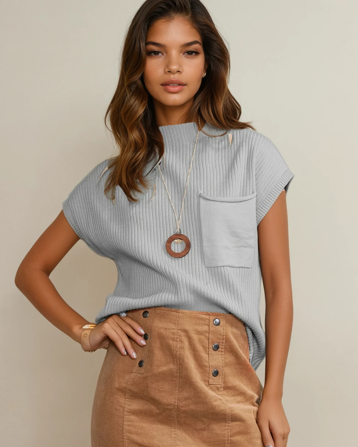 Mya Pocket Ribbed Knit Short Sleeve Sweater in Gold Flame view 14 - Fall Wardrobe Essential - Short Sweater (top)