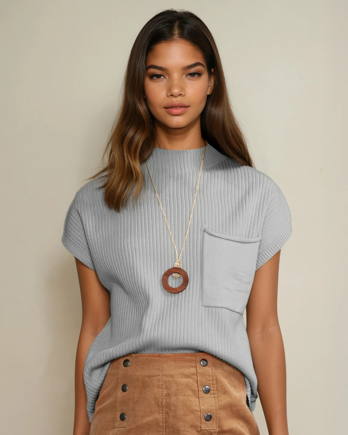 Mya Pocket Ribbed Knit Short Sleeve Sweater in Gold Flame view 15 - Fall Wardrobe Essential - Short Sweater (top)