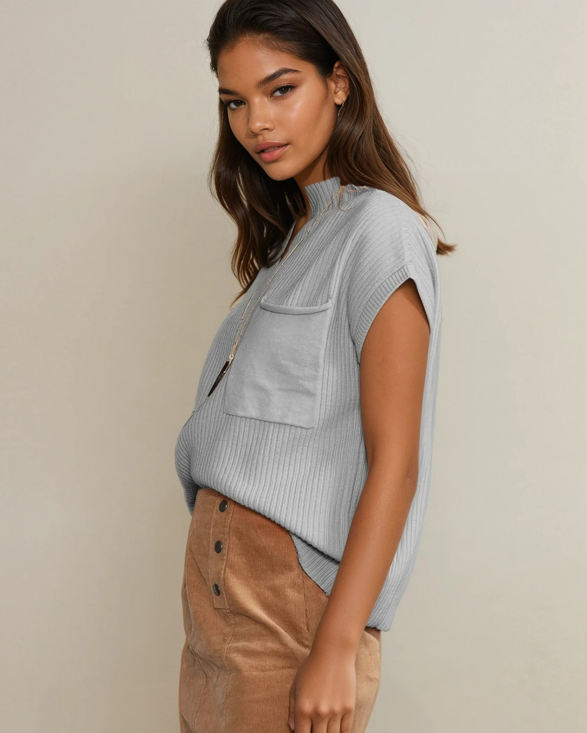 Mya Pocket Ribbed Knit Short Sleeve Sweater in Gold Flame view 16 - Fall Wardrobe Essential - Short Sweater (top)