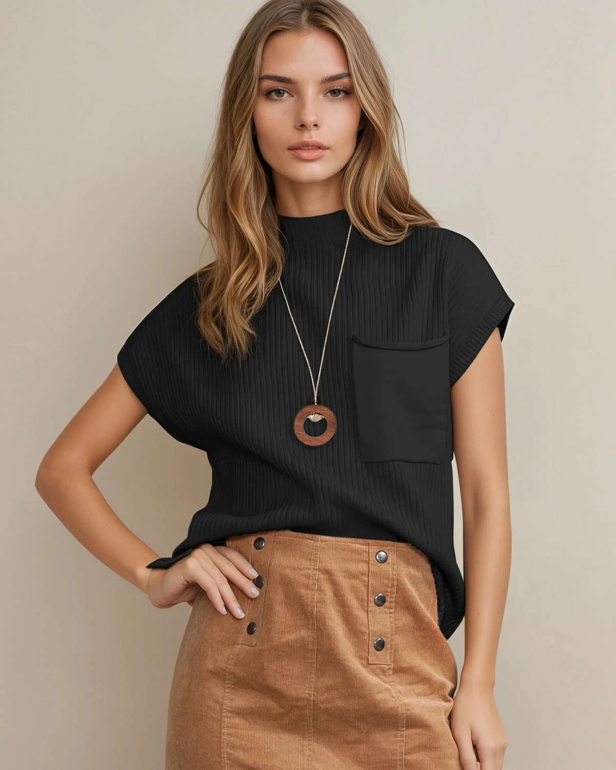 Mya Pocket Ribbed Knit Short Sleeve Sweater in Gold Flame view 18 - Fall Wardrobe Essential - Short Sweater (top)