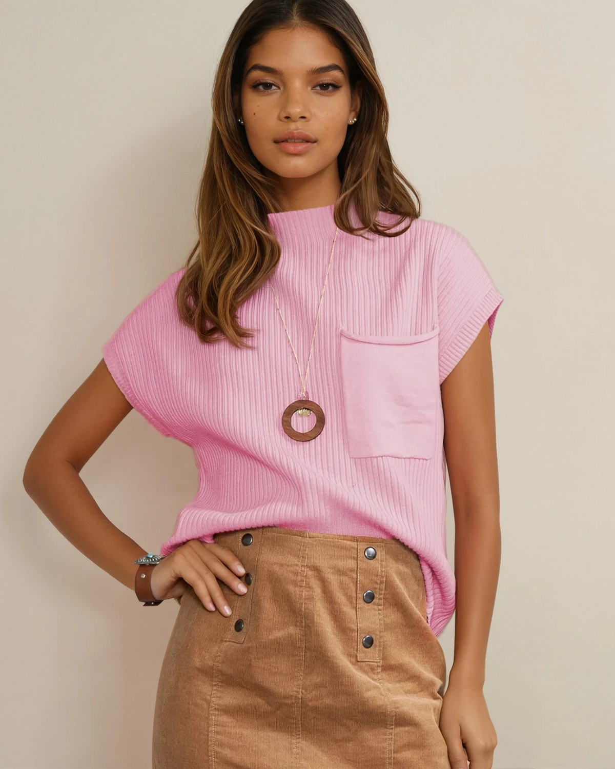 Mya Pocket Ribbed Knit Short Sleeve Sweater in Gray view 27 - Fall Wardrobe Essential - Short Sweater (top)