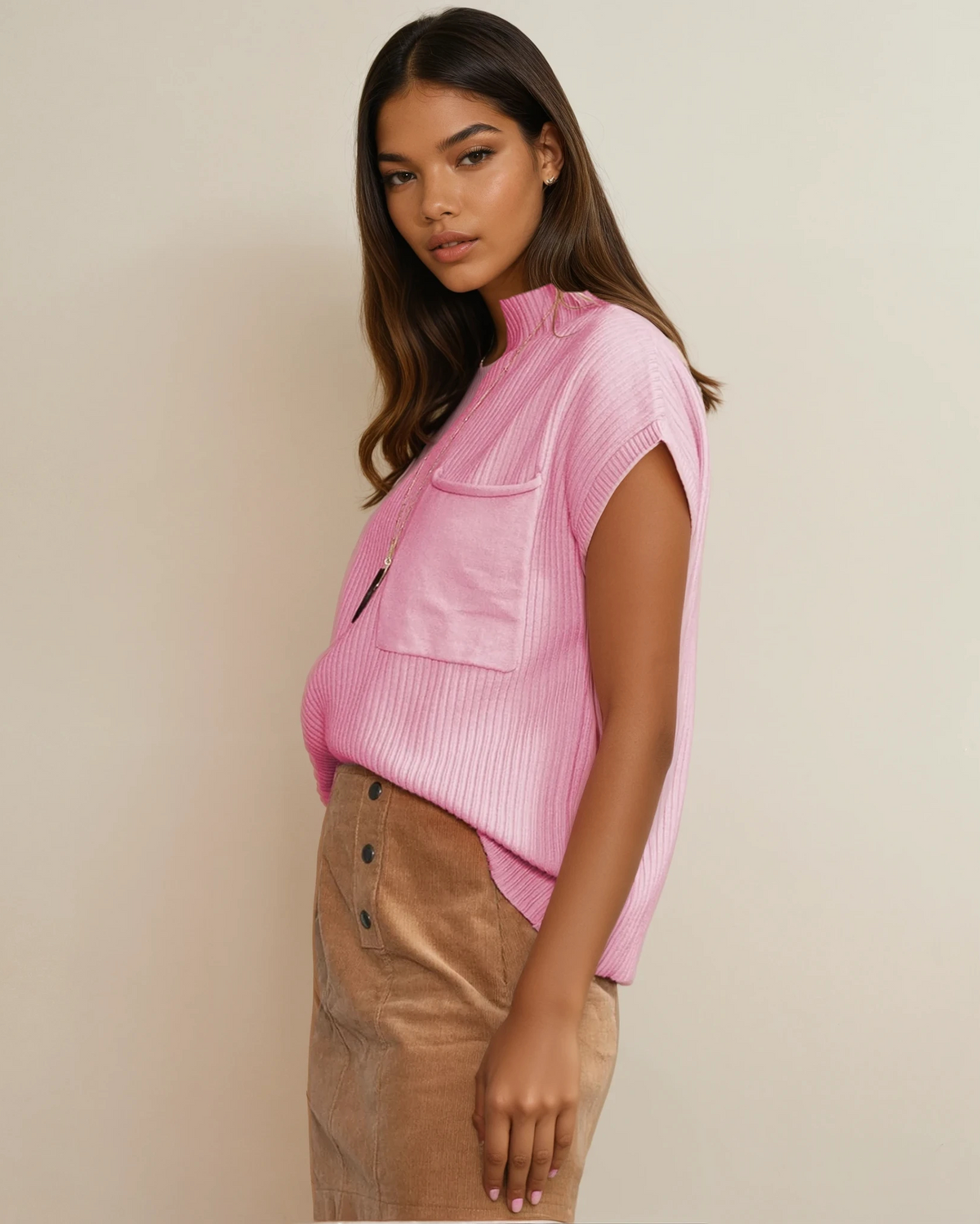 Mya Pocket Ribbed Knit Short Sleeve Sweater in Gray view 29 - Fall Wardrobe Essential - Short Sweater (top)
