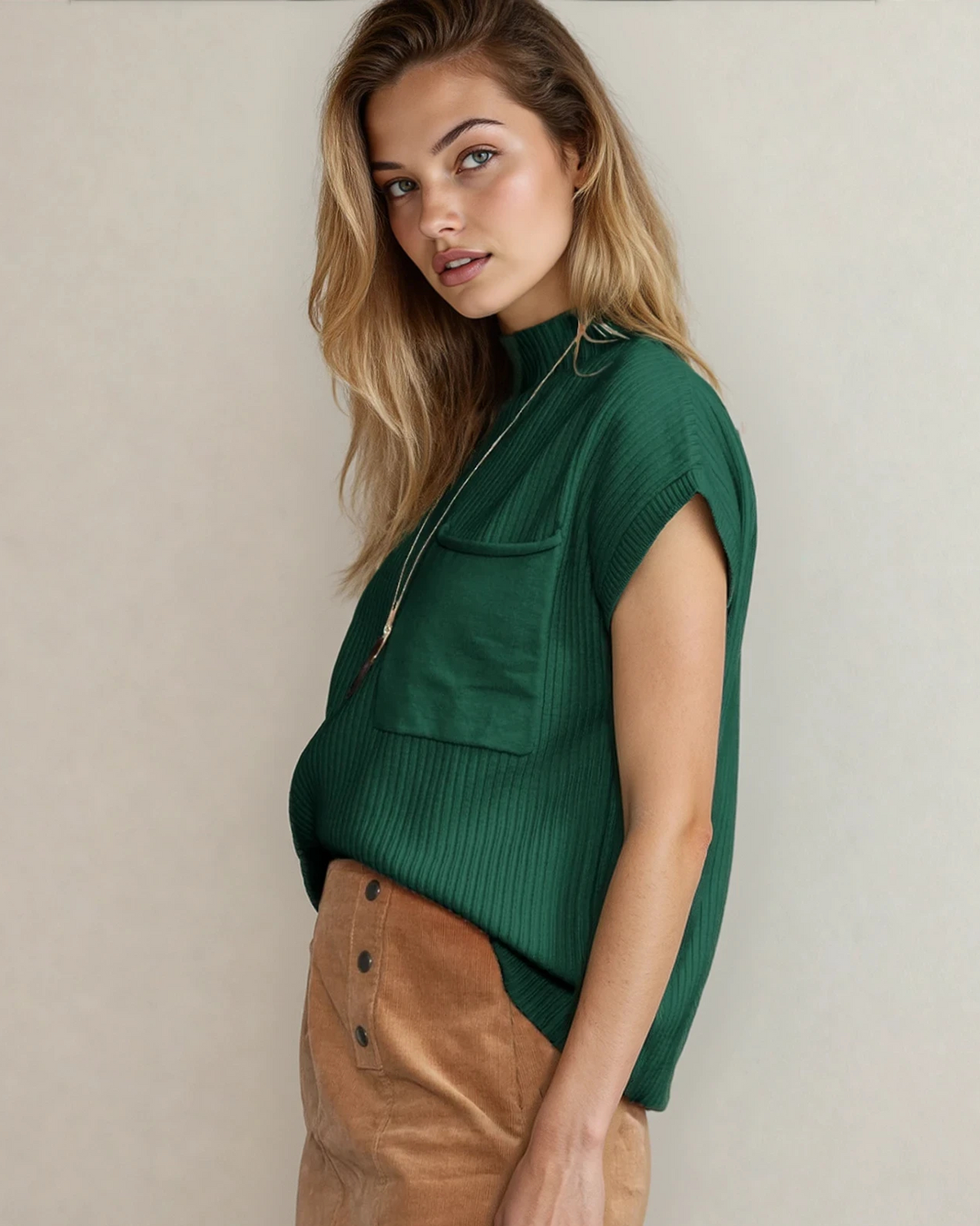 Mya Pocket Ribbed Knit Short Sleeve Sweater in Oatmeal view 12 - Fall Wardrobe Essential - Short Sweater (top)