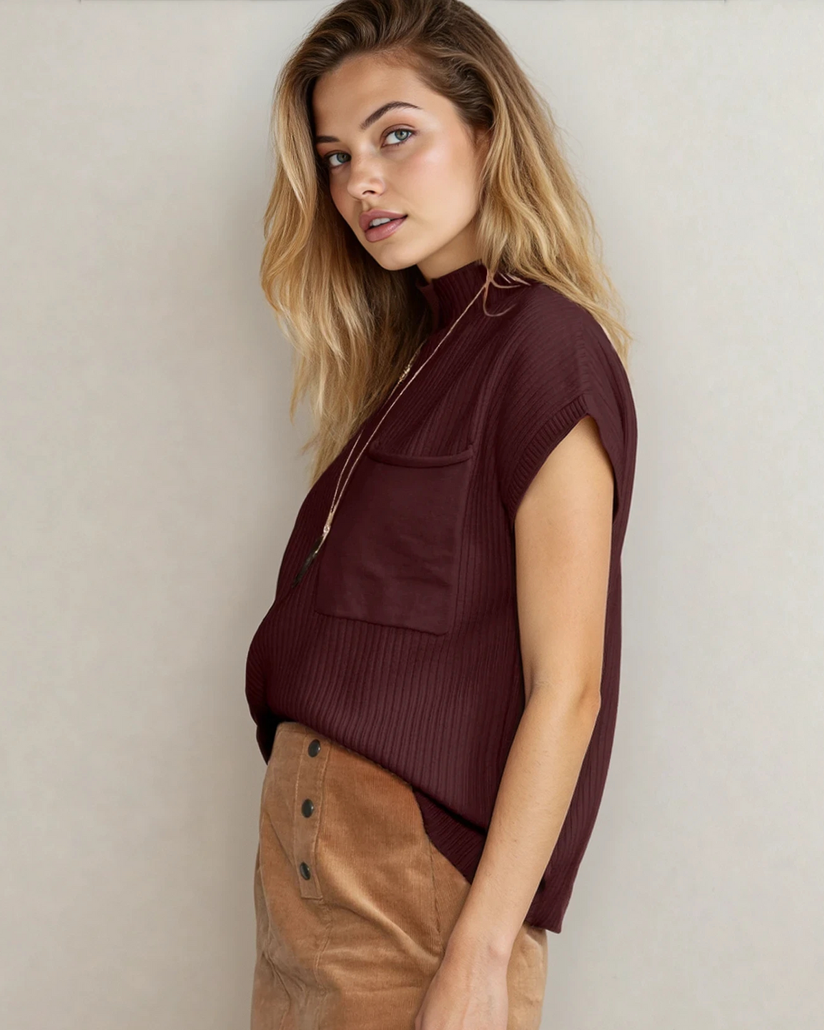 Mya Pocket Ribbed Knit Short Sleeve Sweater in Oatmeal view 8 - Fall Wardrobe Essential - Short Sweater (top)