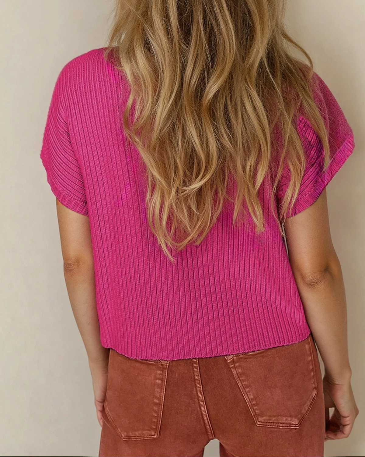 Mya Pocket Ribbed Knit Short Sleeve Sweater in Pink view 31 - Fall Wardrobe Essential - Short Sweater (top)