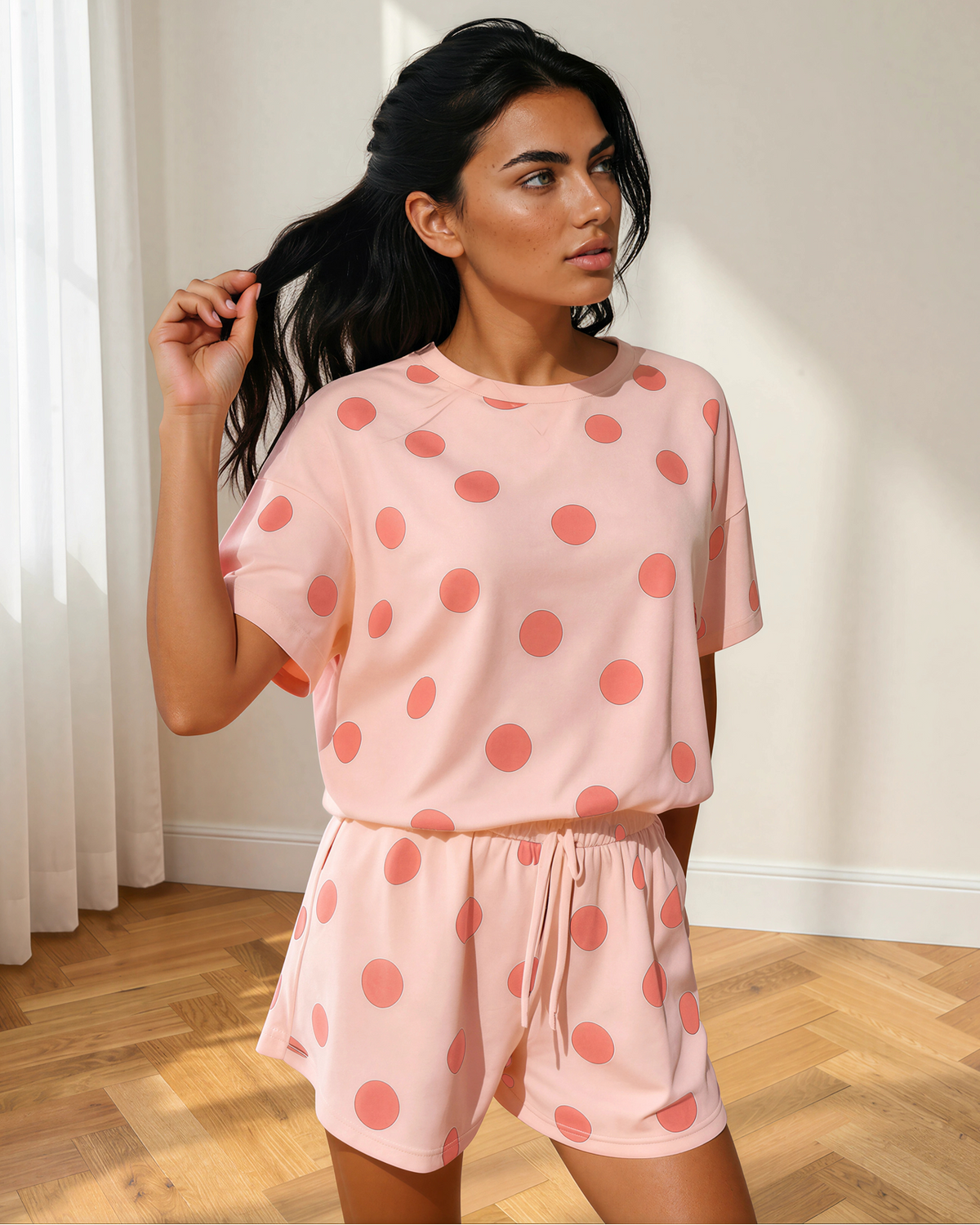 Myla Drawstring Elastic Waist Short Set in Pink view 5 - Comfort Stretch (bottom)