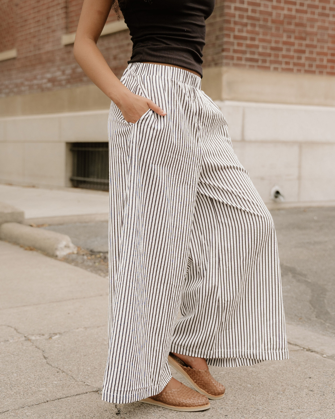 Naeve Stripe Wide Leg Casual Pants in L view 3 - Navy Striped Pants (bottom)