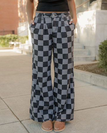 Naomi Checkered Denim Wide Leg Jeans in Dark Grey view 2 (bottom)