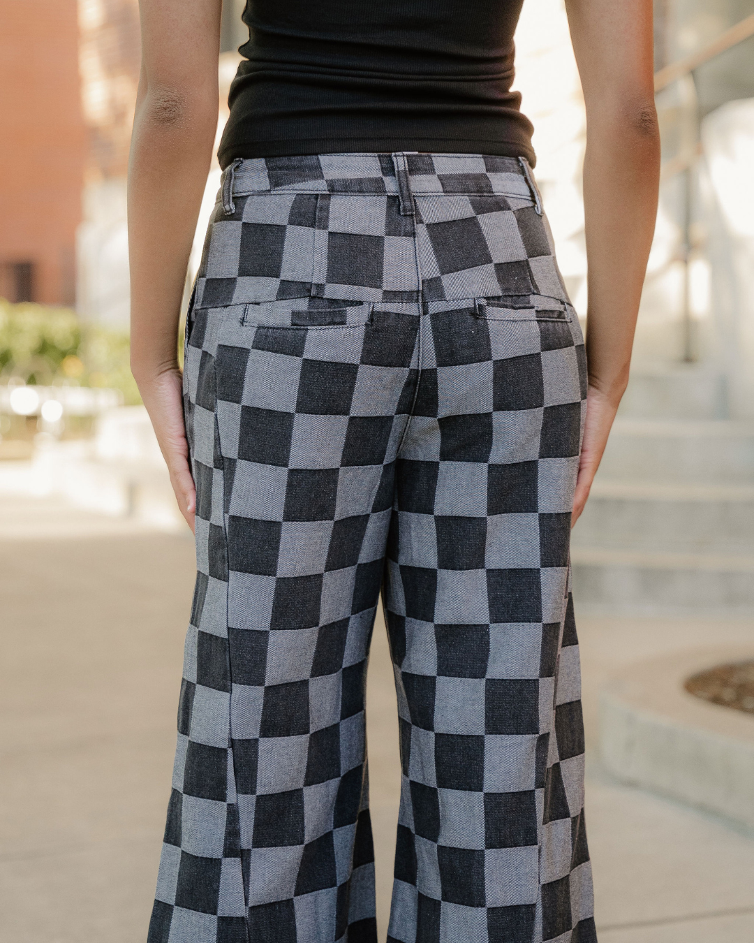 Naomi Checkered Denim Wide Leg Jeans in Dark Grey view 7 (bottom)