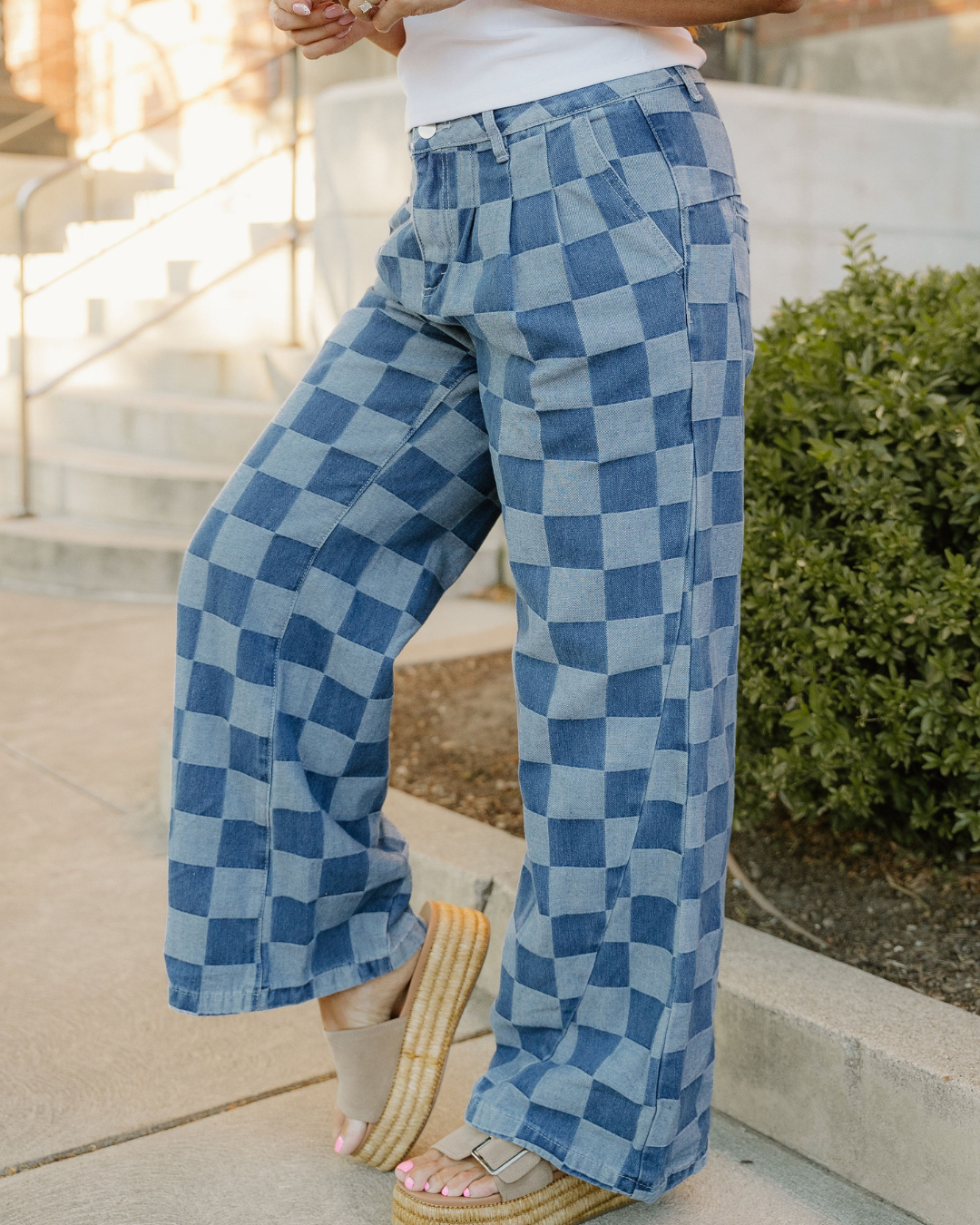 Naomi Checkered Denim Wide Leg Jeans in Dusk Blue view 10 (bottom)