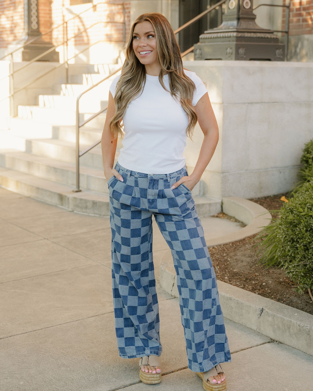 Naomi Checkered Denim Wide Leg Jeans in Dusk Blue view 8 (bottom)