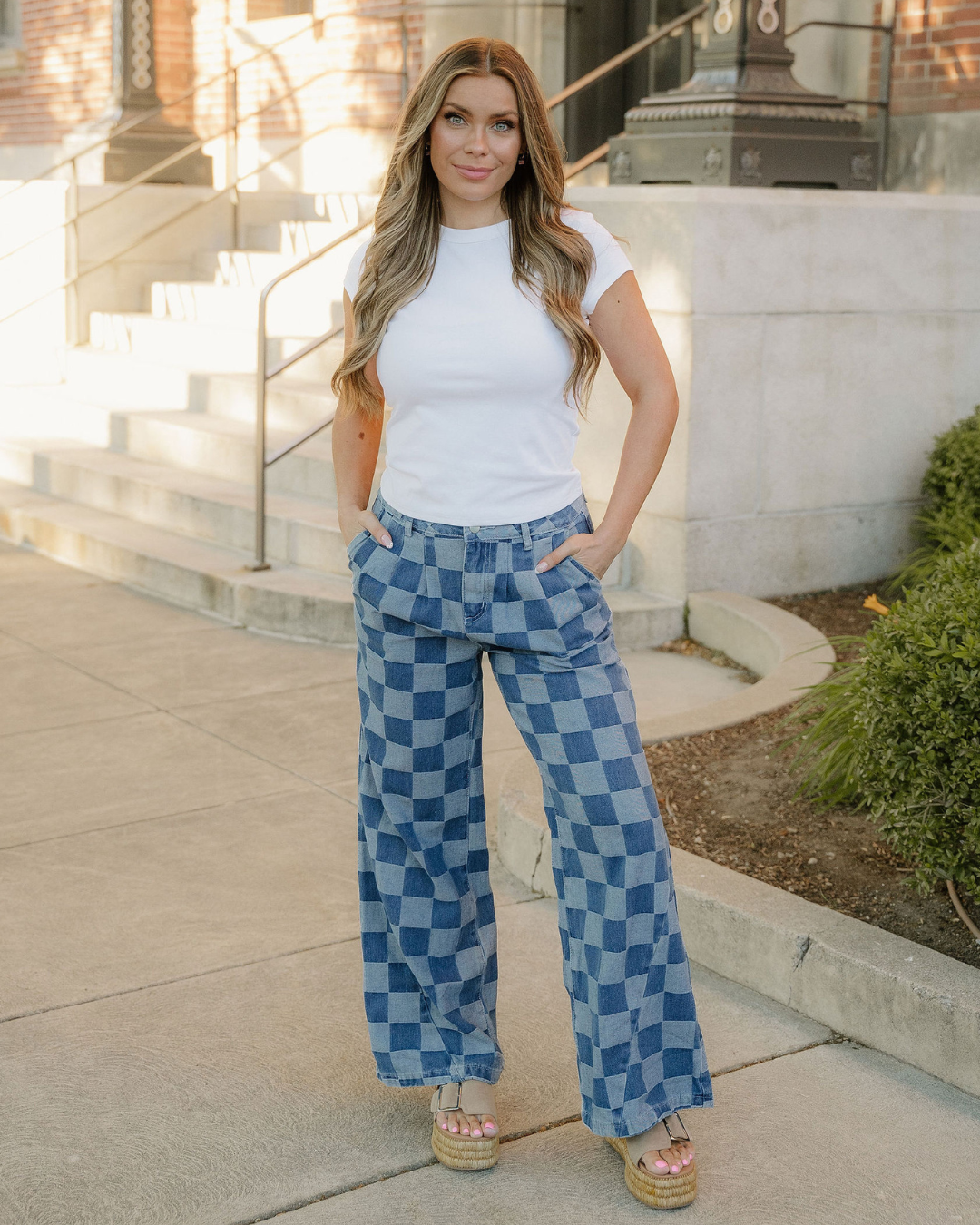Naomi Checkered Denim Wide Leg Jeans in Dusk Blue view 9 (bottom)