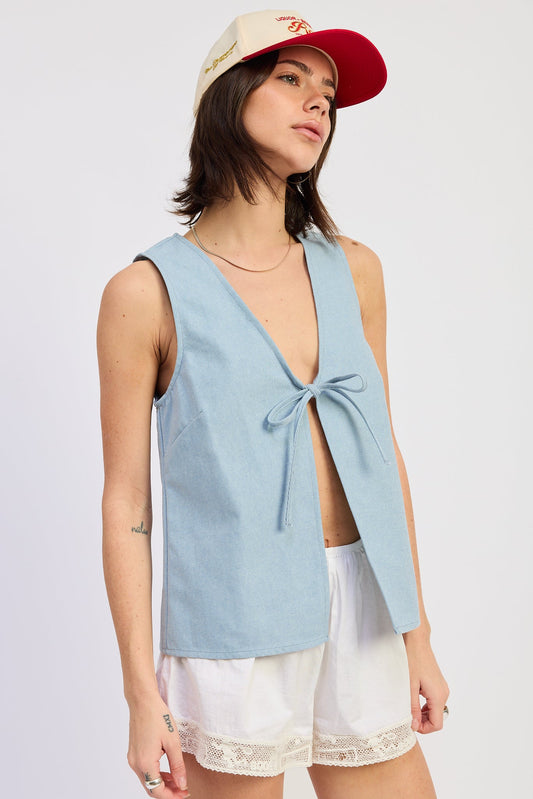 Nisa Vest Top in Washed Blue view 2 - Nisa Halter Top