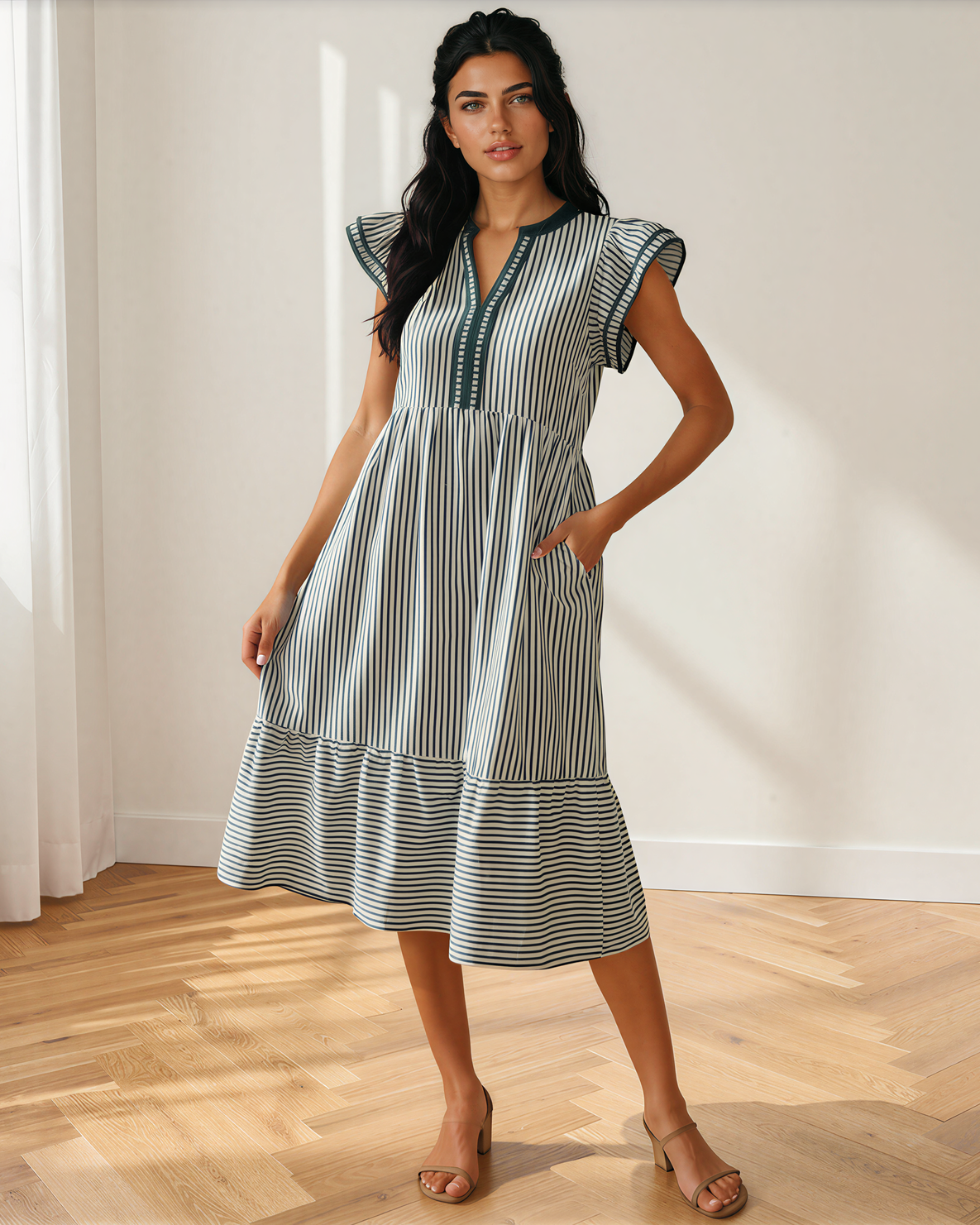 Nyla Contrast Trim V Neck Midi Dress in Black Stripe view 6