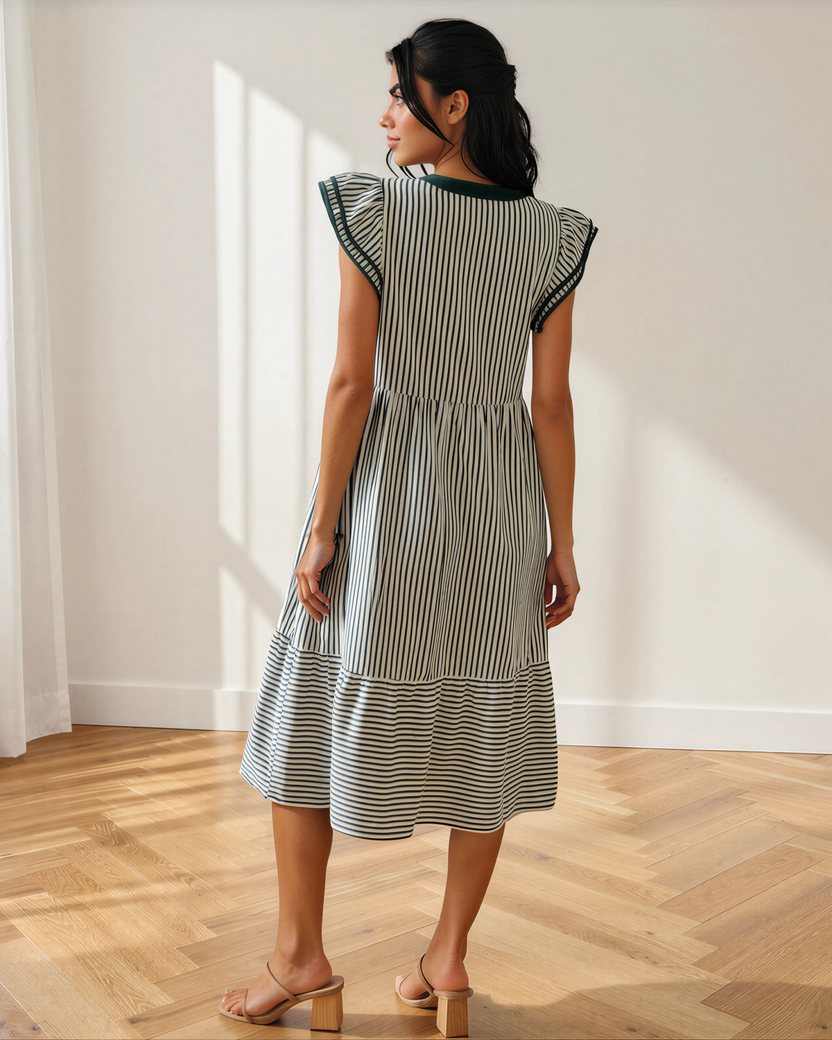 Nyla Contrast Trim V Neck Midi Dress in Black Stripe view 7