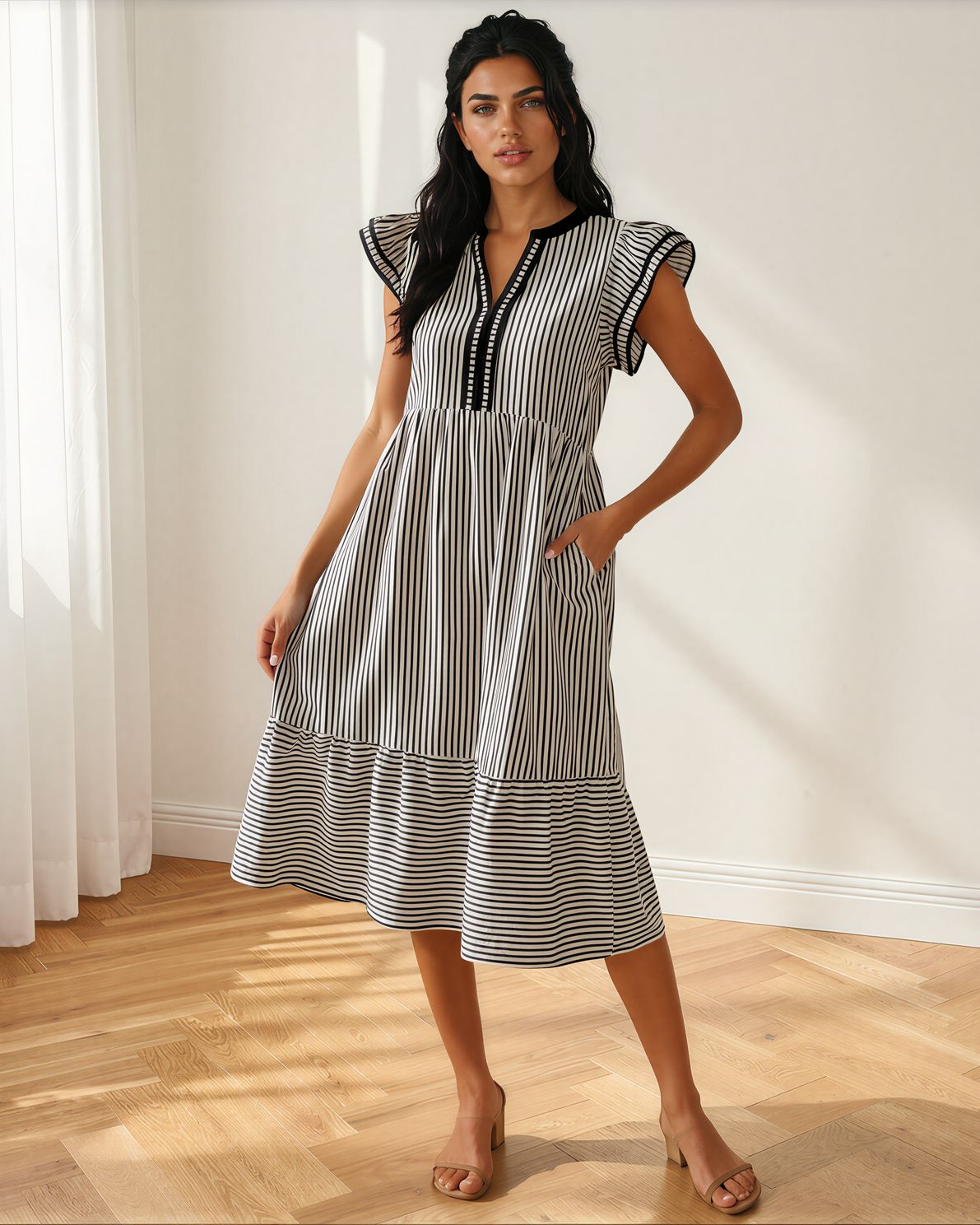 Nyla Contrast Trim V Neck Midi Dress in Green Stripe view 2