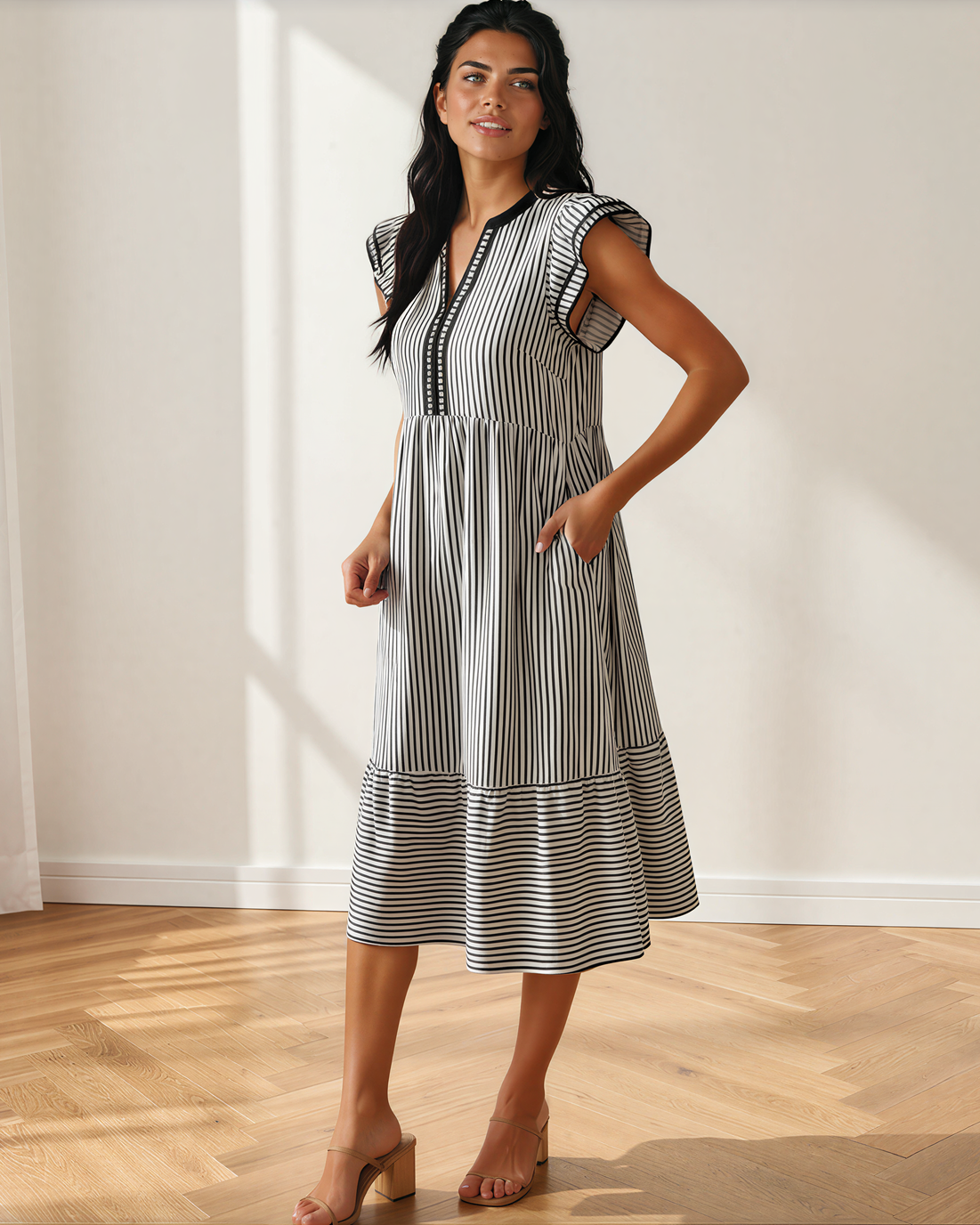 Nyla Contrast Trim V Neck Midi Dress in Green Stripe view 3