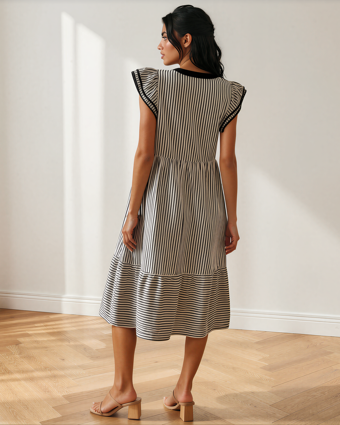 Nyla Contrast Trim V Neck Midi Dress in Green Stripe view 4