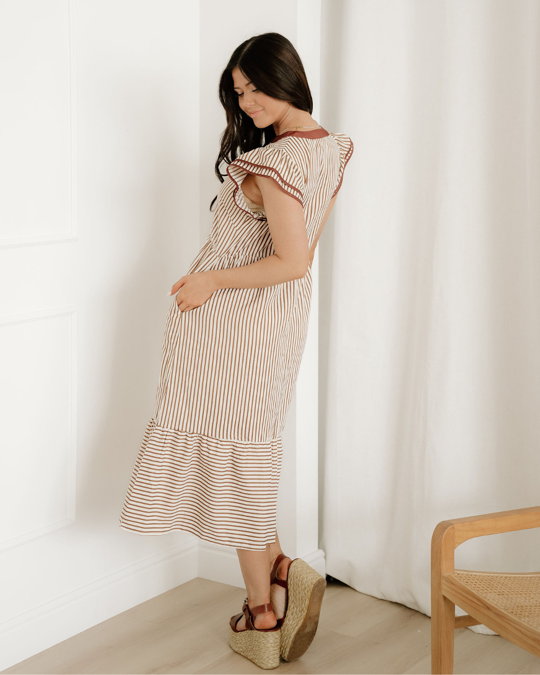 nyla double ruffled Nyla Double Ruffled Short Sleeve Contrast Trim V Neck Midi Dress - Brown view 9 (dress) - shop at us.meee