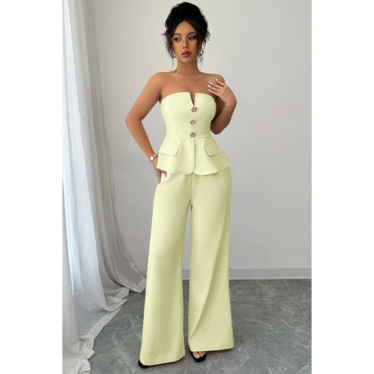 Off Shoulder Waist Cinched Wide Leg Sets in Yellow view 2 - Off Shoulder Set Women (one-piece)
